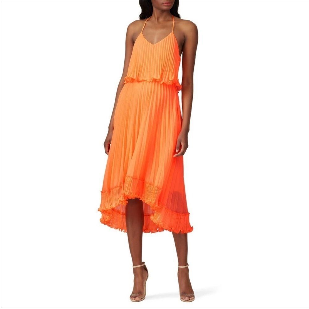 Halston Heritage Pleated Burnout Georgette Midi Dress 8 Sleeveless Y Back Orange
